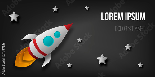 Vector rocket, space, planets, stars, cut from paper, 3d. Used for posters, posters, postcards, banners, backgrounds
