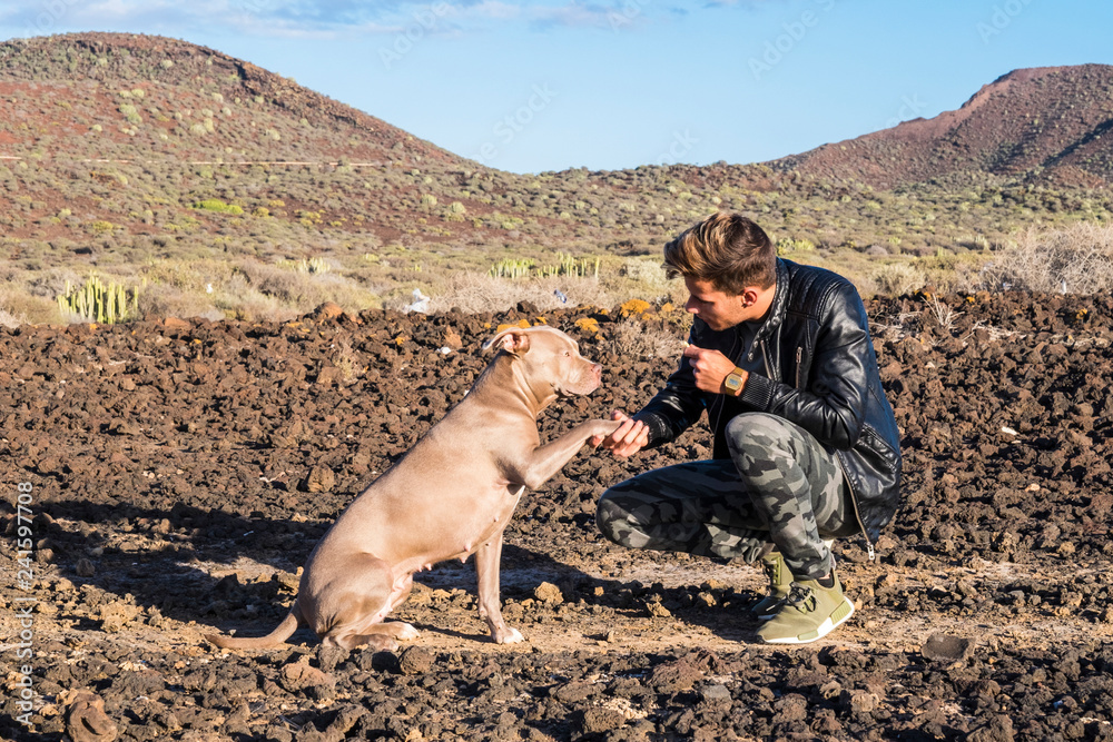 Young man with his lovely dog friendly take hand and paw and enjoy the friendship together in outdoor desertic scenery background - best friend forever concept for people and animal