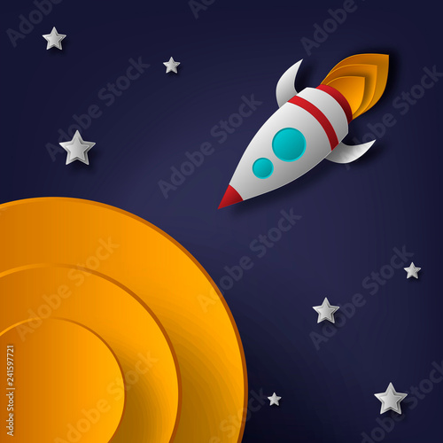 Vector rocket, space, planets, stars, cut from paper, 3d. Used for posters, posters, postcards, banners, backgrounds