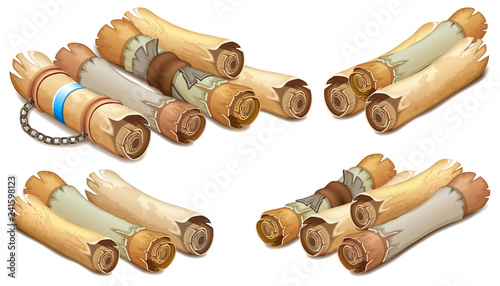 Set old royal scrolls decorated with leather belt and silver elements. Reward message on parchment. Isometric 3d vector illustration for computer games and books design.