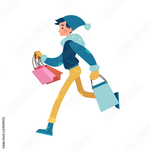 Vector illustration of man with colorful shopping bags in flat cartoon style. Young male character in winter clothes runs and hurries isolated on white background for holiday design.