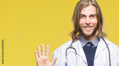 Young handsome doctor man with long hair over isolated background showing and pointing up with fingers number six while smiling confident and happy.
