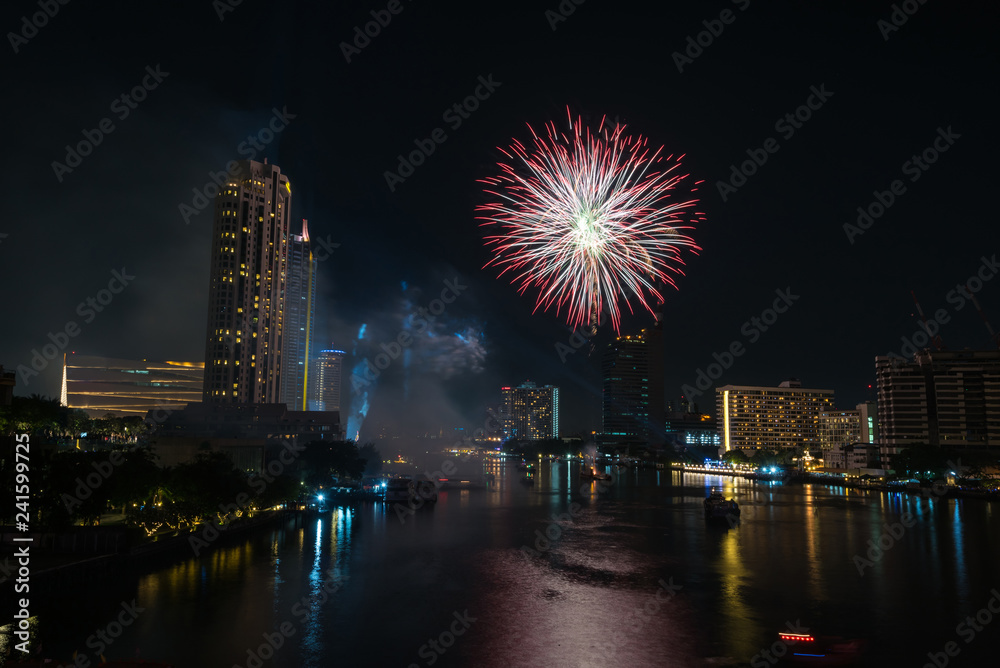 Bangkok new year 2019 countdown fireworks Cityscape river side for Celebration 