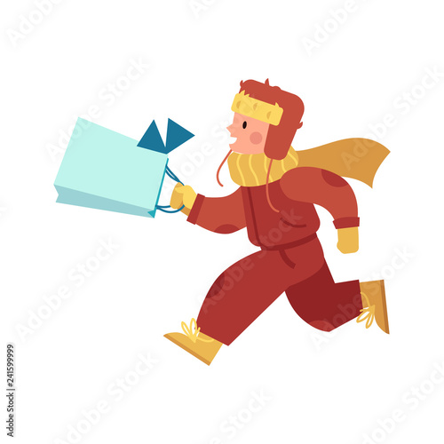 Vector illustration of kid boy in bright winter clothes running and hurries with decorated shopping bag in flat cartoon style isolated on white background for Christmas and New Year gifts concept.