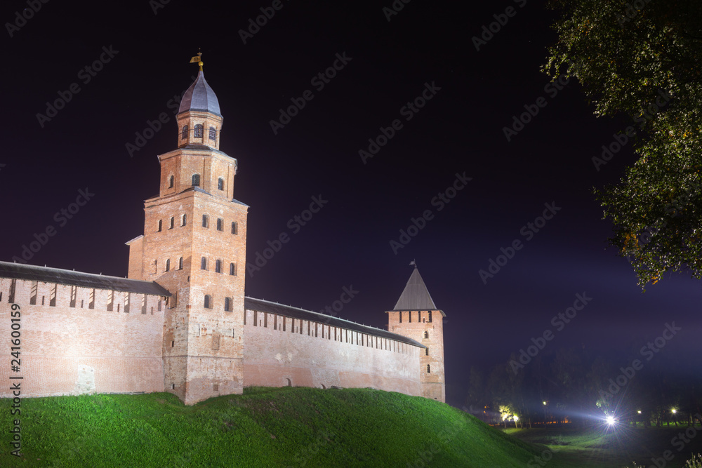 Veliky Novgorod, Russia.Novgorod Kremlin.Kokuy and Prince's Tower.Night view. Veliky Novgorod, Russia.Novgorod Kremlin.Kokuy and Prince's Tower.Night view.