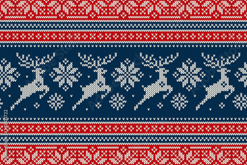 Christmas Knitting Pattern with Reindeers and Snowflakes. Scheme for Wool Knit Winter Holiday Sweater Seamless Pattern Design or Cross Stitch Embroidery