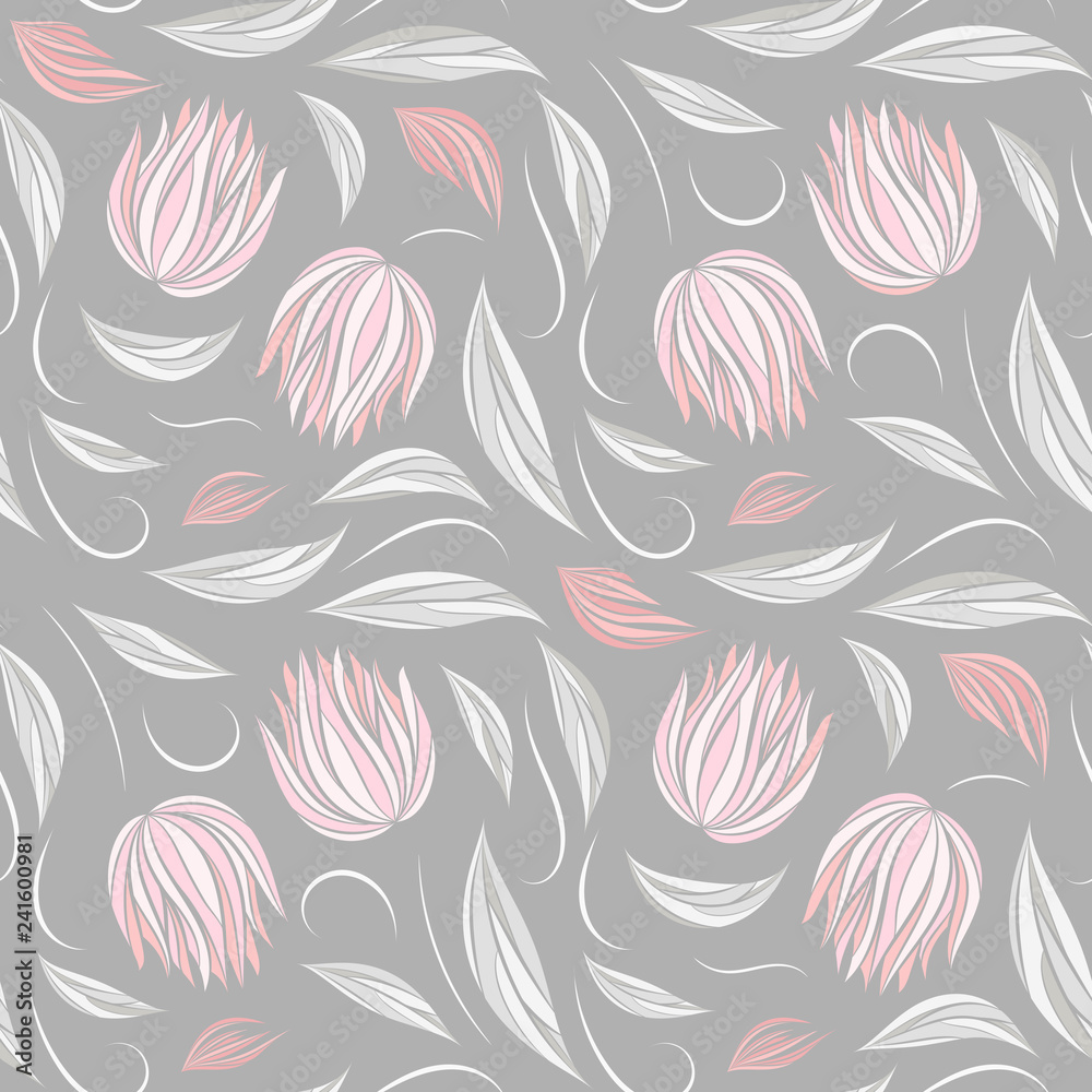 Seamless vector floral pattern with abstract flowers and leaves in pastel colors on gray background