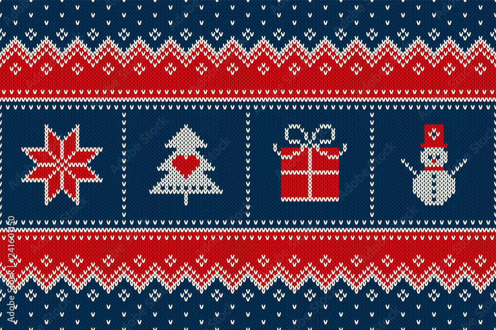 Winter Holiday Seamless Knitted Pattern with a Christmas Symbols: Snowflake, Christmas Tree, Present Box and Snowman. Wool Knitting Sweater Design