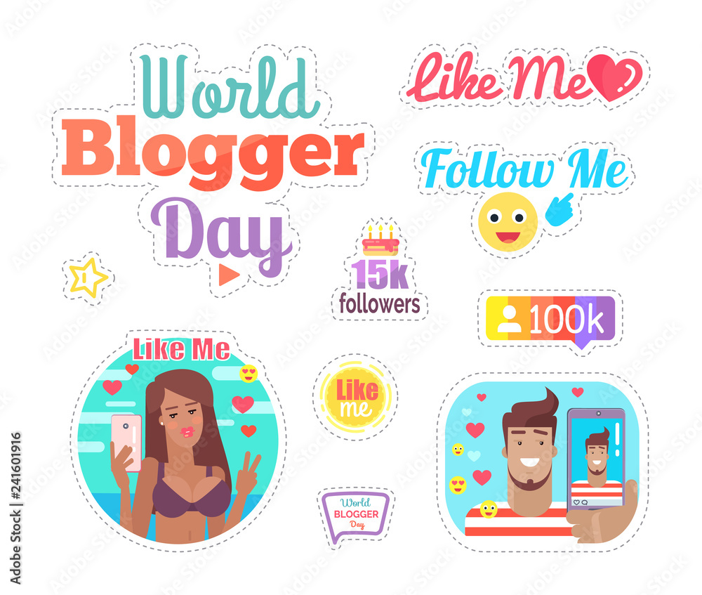 World Blogger Day Cake with Candles Set Vector World Blogger Day Cake with Candles Set Vector