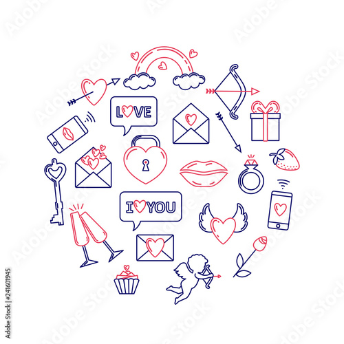 Set of valentine's day symbols enclosed in a circle shape. Valentine's Day linear icons. Symbols of love - heart, cupid, arrow, valentine, gift, lips, rose, ring, key, lock, message, rainbow, glasses.