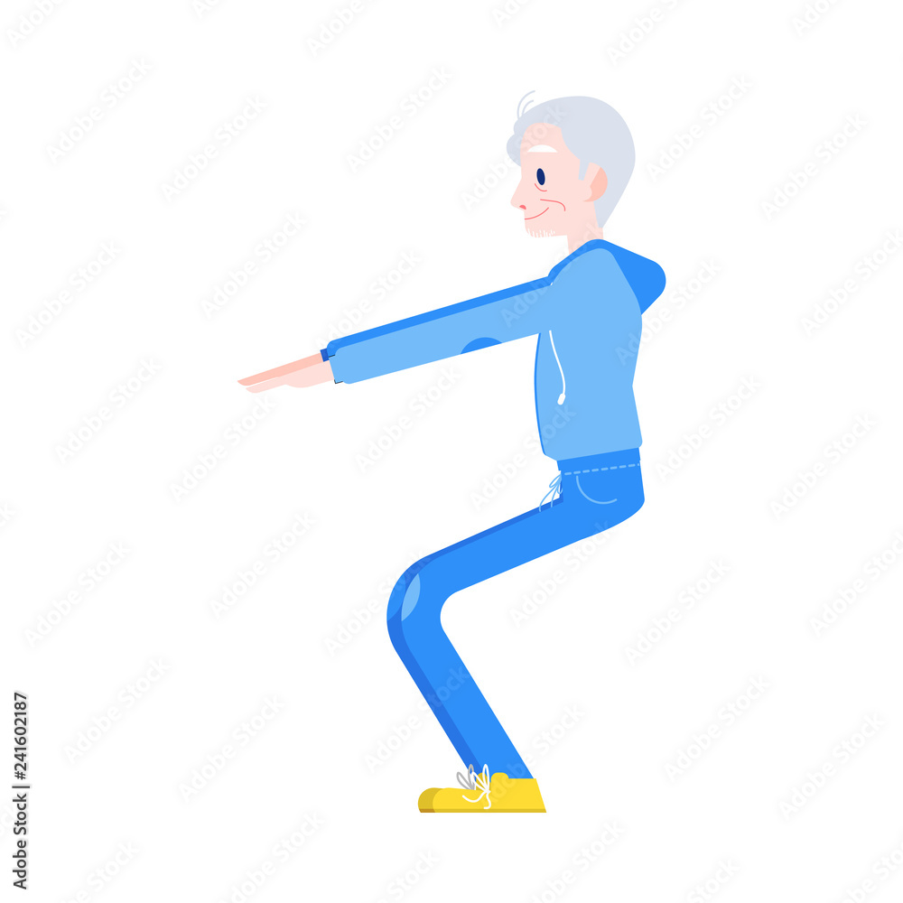 Vector flat elderly man in sportsuit doing sport. Old male character working out doing squats. Grandfather at retirement, pension and healthy lifestyle.