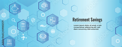 Retirement Account and Savings Icon Set Web Header Banner w Mutual Fund, Roth IRA, etc