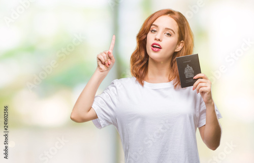 Young beautiful woman holding passport of canada over isolated background surprised with an idea or question pointing finger with happy face, number one
