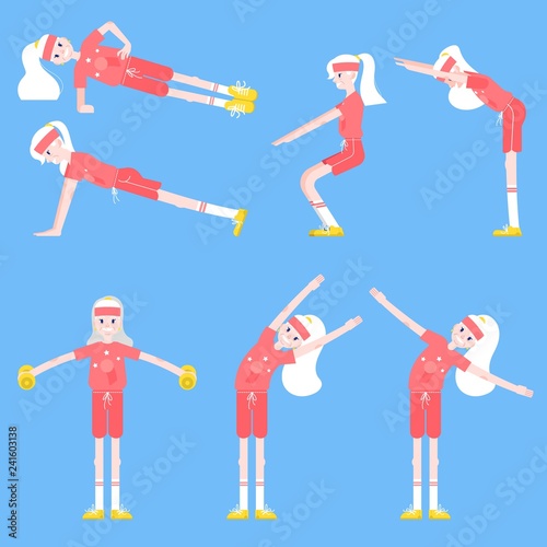 Vector illustration set of elderly woman doing sport exercises in flat style. Isolated aged female character in different athletic poses for healthy and active lifestyle at retirement age concept.