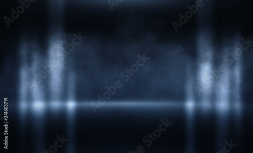 Background of an empty room, reflection of neon light on a concrete floor, puffs of smoke