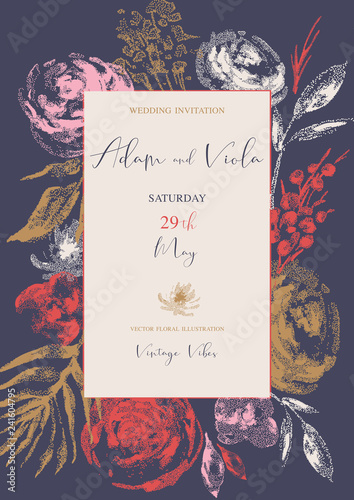 Vector natural vertical frame, greeting card, vintage floral bouquet with vintage roses