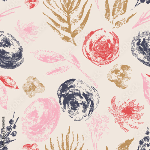 Vector vintage seamless pattern of breakfast objects, food top view