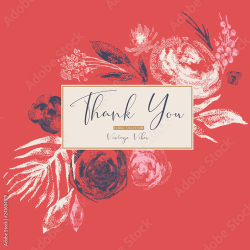 Vector vintage black and white floral greeting card, flowers