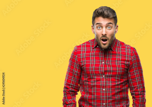 Young handsome man over isolated background afraid and shocked with surprise expression, fear and excited face.