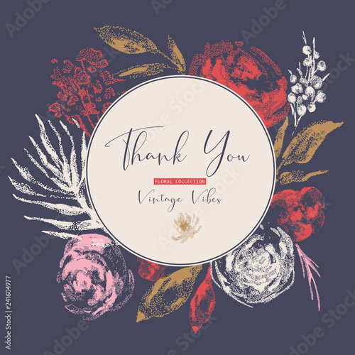 Vector vintage black and white floral greeting card, flowers