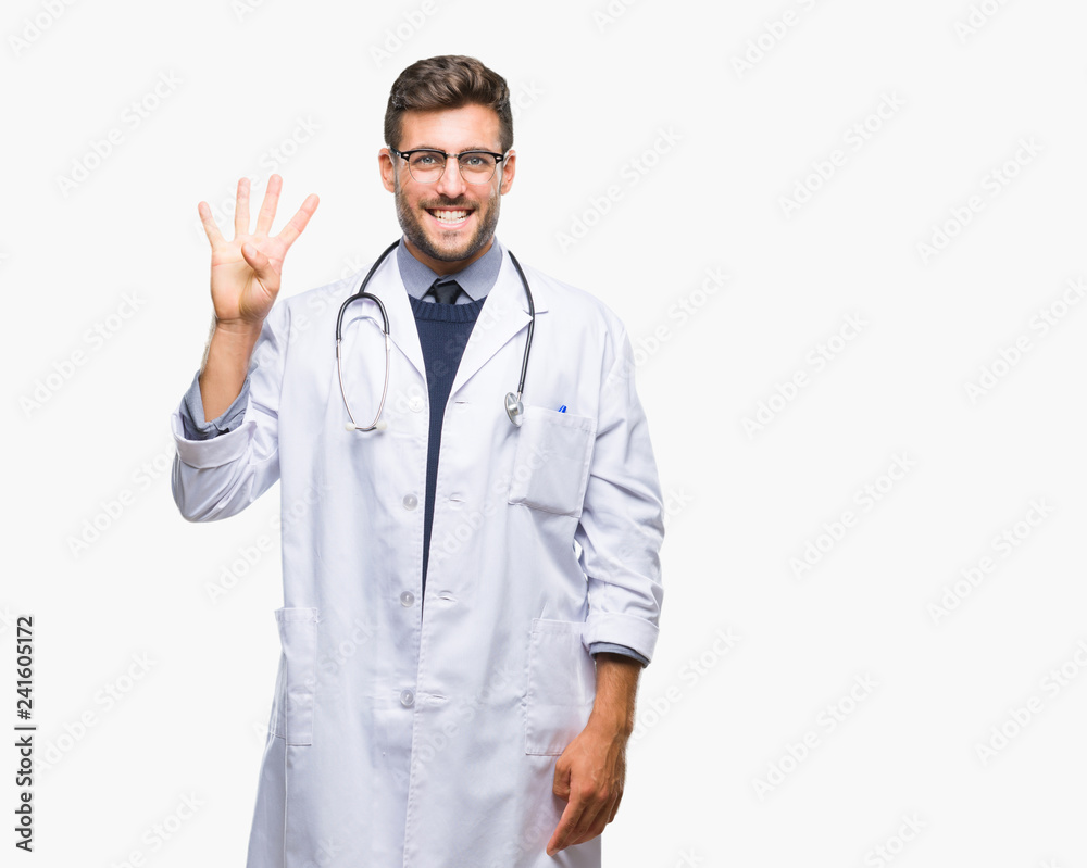 Young handsome doctor man over isolated background showing and pointing up with fingers number four while smiling confident and happy. Young handsome doctor man over isolated background showing and pointing up with fingers number four while smiling confident and happy.