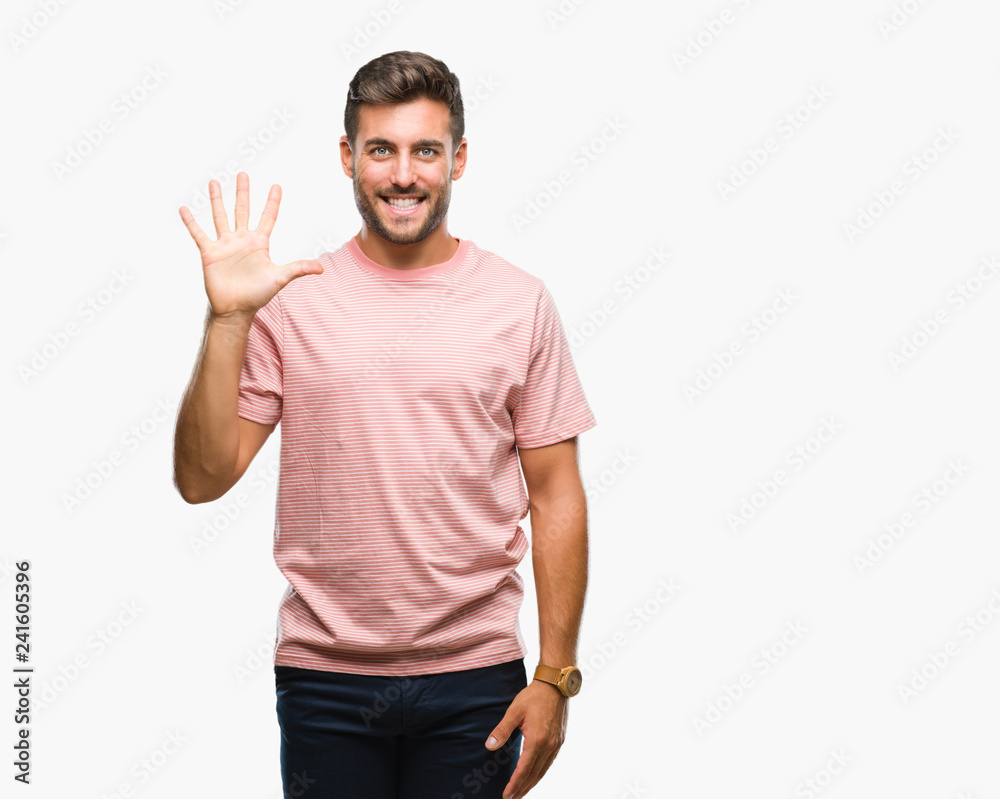 Young handsome man over isolated background showing and pointing up with fingers number five while smiling confident and happy. Young handsome man over isolated background showing and pointing up with fingers number five while smiling confident and happy.