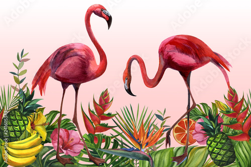 Watercolor tropical wildlife, flamingo bird, seamless pattern. Hand Drawn jungle nature, flowers illustration. Print for textile, cloth, wallpaper, scrapbooking