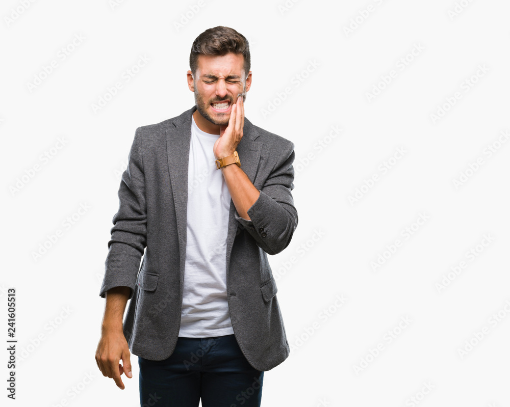 Young handsome business man over isolated background touching mouth with hand with painful expression because of toothache or dental illness on teeth. Dentist concept. Young handsome business man over isolated background touching mouth with hand with painful expression because of toothache or dental illness on teeth. Dentist concept.