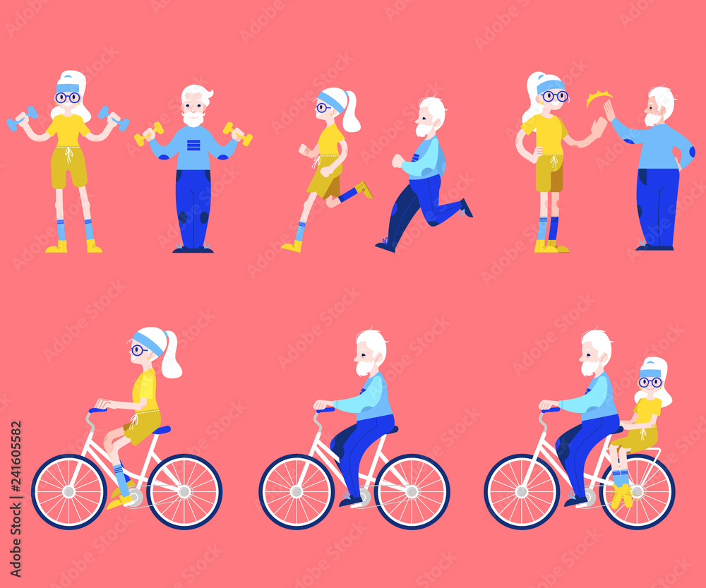 Vector flat elderly man, woman in sportsuit doing sport set. Old male, female characters working out cycling, gymnastics wtih dumbbells, jogging. Grandparents at retirement, pension healthy lifestyle