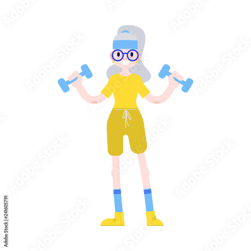 Vector illustration of aged woman raising hands with dumbbells in flat style - isolated elderly female character doing sport exercises for healthy and active lifestyle in old age concept.