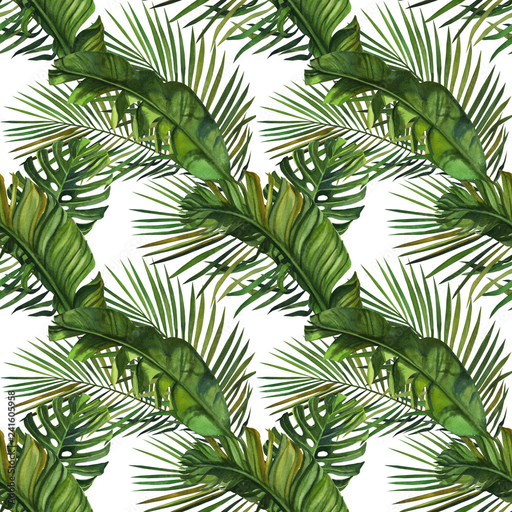 Fototapeta premium Watercolor pattern with tropical palm leaves, bananas, pineapples, flowers. Seamless pattern