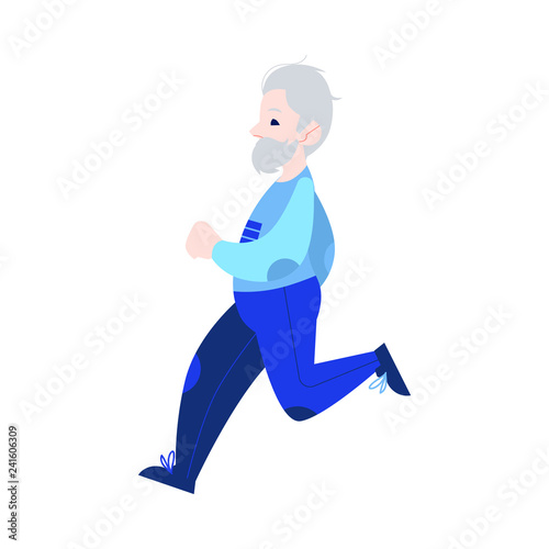 Vector illustration of aged gray-haired man in sportswear jogging in flat style isolated on white background. Active and sporty grandfather running for healthcare in old age concept.