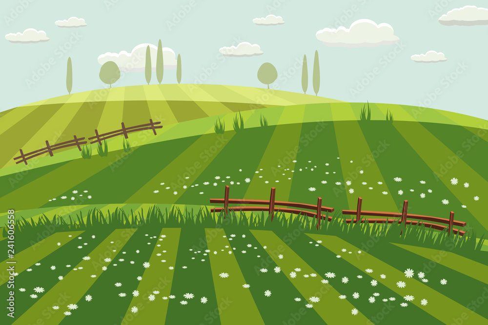 Rural countryside landscape, spring, green meadows, fields, wildflowers, hills, trees on the horizon, fence, vector, illustration, isolated, cartoon style