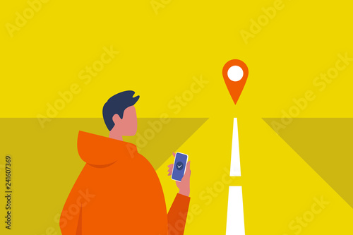 Navigation equipment. GPS geo tag. Young caucasian male character holding a smartphone. Traveller. Road. Waiting for a taxi. Flat editable vector illustration, clip art