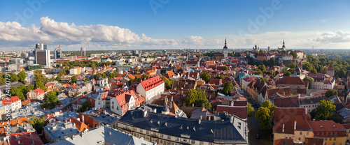 Aerial panoramic view on the old town Tallinb, Estonia. Sunny summer day.