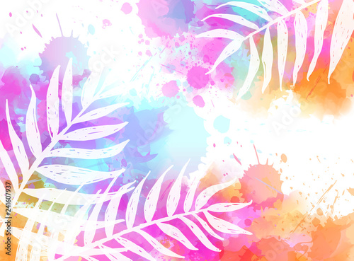 Abstract background with watercolor splashes and palm leaves