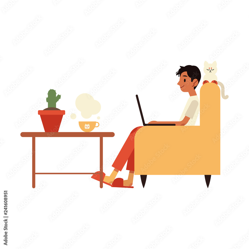 Vector illustration of young freelancer in slippers working with laptop at home sitting in armchair with his cat in flat style - isolated male character doing remote work or communicating online.