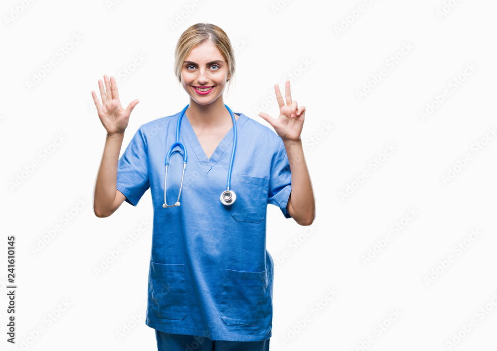 Young beautiful blonde doctor surgeon nurse woman over isolated background showing and pointing up with fingers number eight while smiling confident and happy. Young beautiful blonde doctor surgeon nurse woman over isolated background showing and pointing up with fingers number eight while smiling confident and happy.