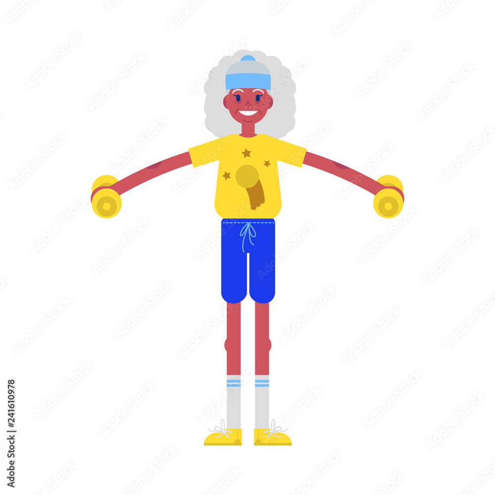 Vector flat elderly african woman in sportsuit doing sport. Old female black character working out with dumbbells. Grandmother at retirement, pension and healthy lifestyle. Vector flat elderly african woman in sportsuit doing sport. Old female black character working out with dumbbells. Grandmother at retirement, pension and healthy lifestyle.