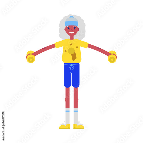 Vector flat elderly african woman in sportsuit doing sport. Old female black character working out with dumbbells. Grandmother at retirement  pension and healthy lifestyle.