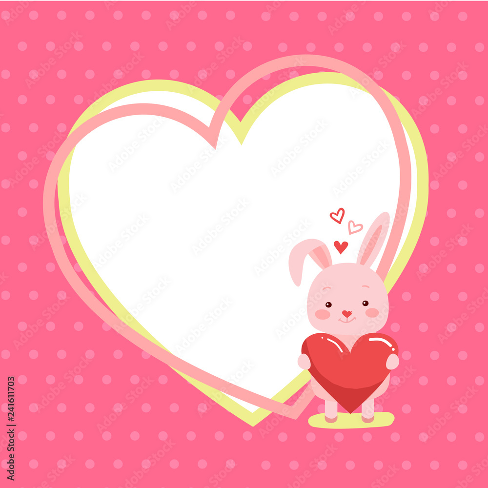Cute cartoon lovely rabbit with pink large heart
