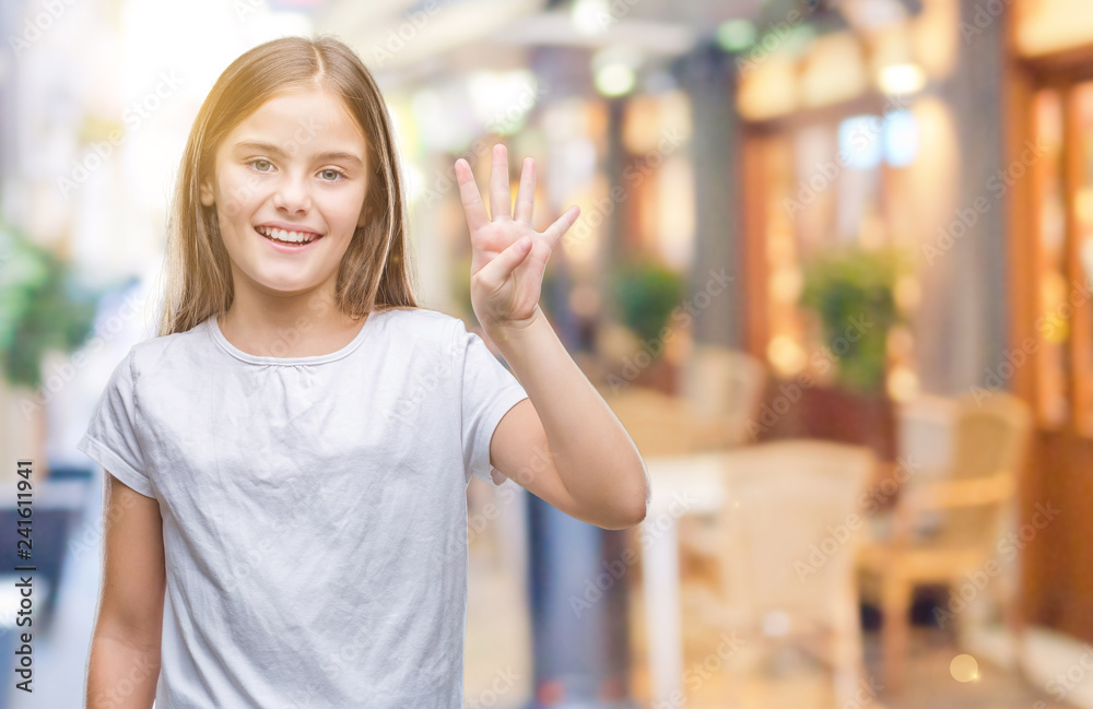 Young beautiful girl over isolated background showing and pointing up with fingers number four while smiling confident and happy.