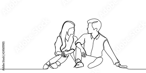 Continuous line drawing of a couple sitting and taking conversation. Romantic concept vector illustration good for valentine's day advertisement.