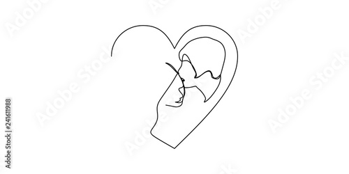 Continuous one line drawn single drawing of romantic kiss of two lovers, newlyweds, young people.Loving couple embracing and kissing, valentines day,women and men in love. Heads of kissing - Vector