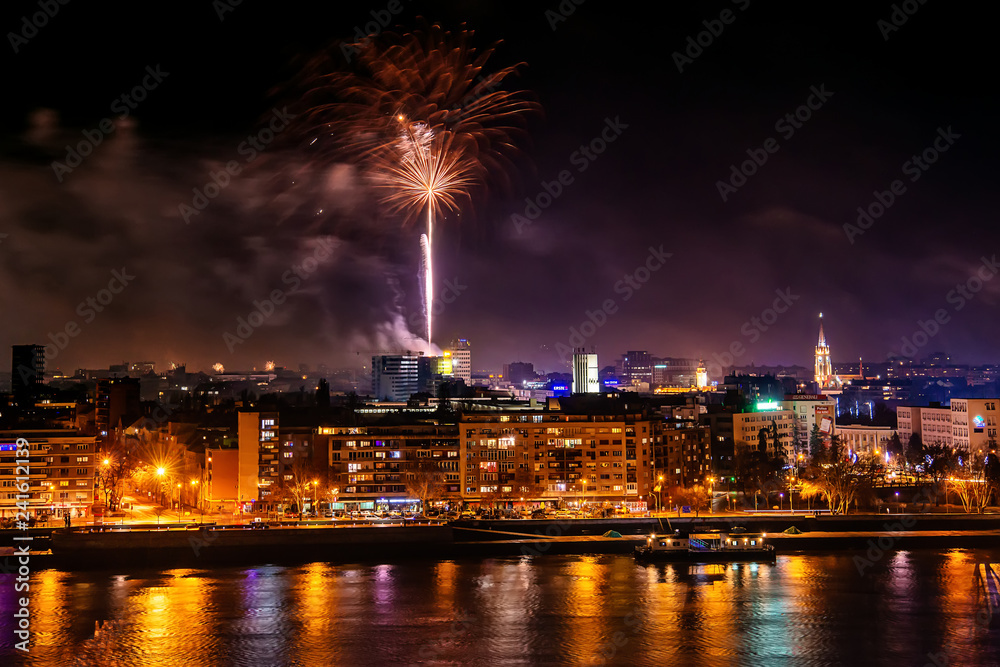 Novi Sad, Serbia - January 01, 2019: Fireworks in Novi Sad, Serbia. New Year`s fireworks.