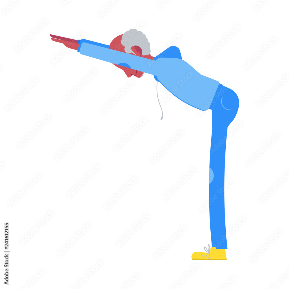 Vector flat elderly african man in sportsuit doing sport. Old male black character working out standing forward bend. Grandfather at retirement, pension and healthy lifestyle.