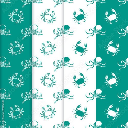 Set of 4 seamless pattern. Octopuses and crabs.