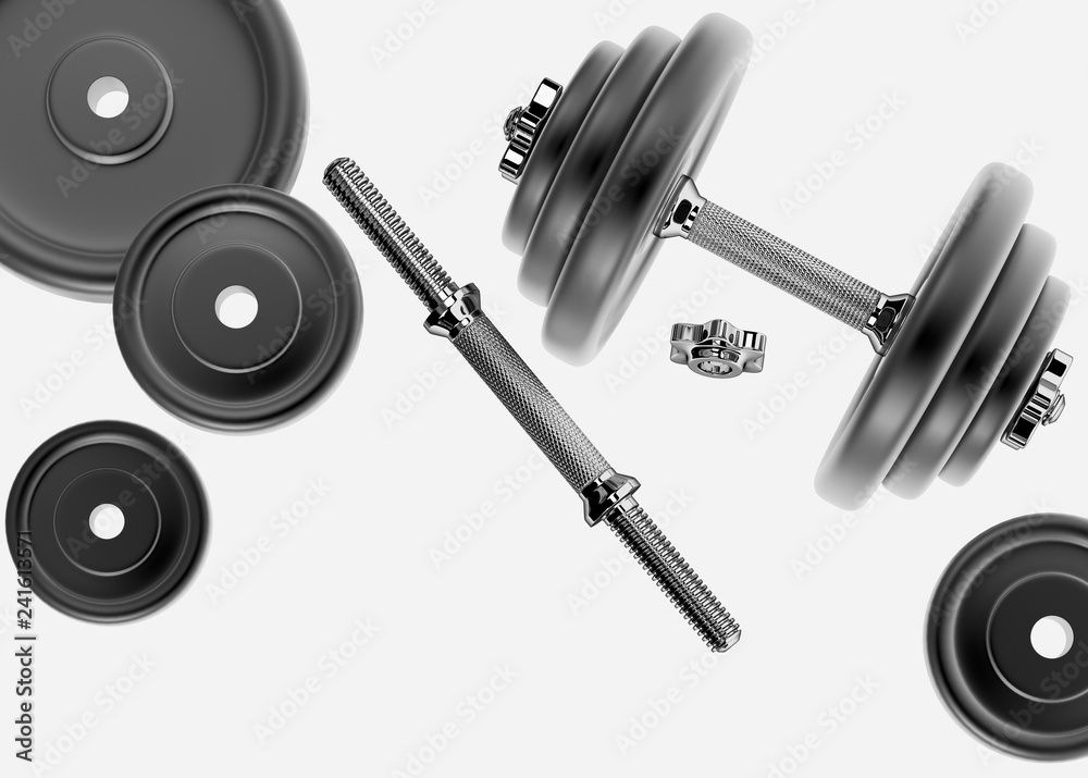 Fototapeta 3D rendering image of a dumbbell for sports. Bodybuilding equipment on white background