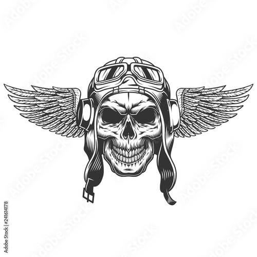 Tablou canvas Vintage monochrome winged pilot skull