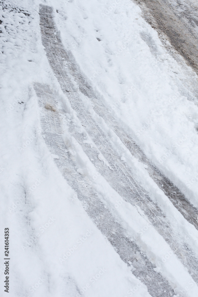 traces in the snow of tires winter day traces in the snow of tires winter day